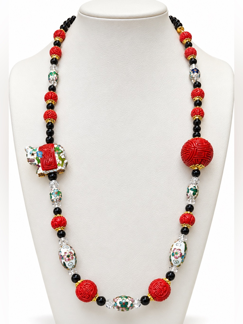 Artisan Red Cinnabar, Cloisonné, Onyx & Crystal Necklace & Earrings Set 🧁